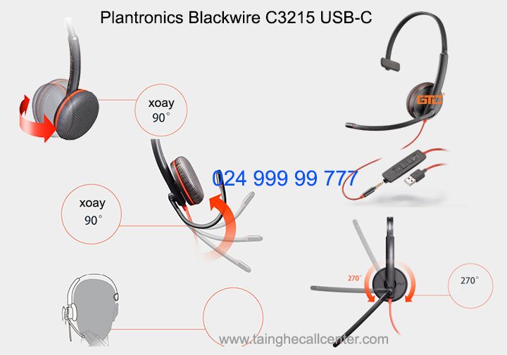 Plantronics Blackwire C3215 USB-C dòng tai nghe có dây chuyên dụng cho tổng đài viên