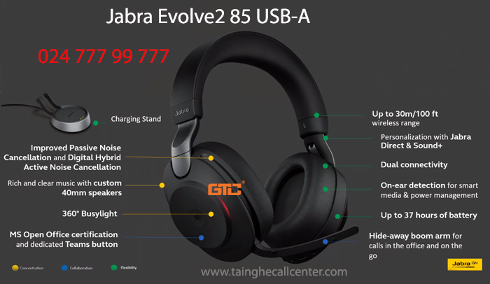 Jabra Evolve2 85 USB-A tai nghe không dây chất lượng cao